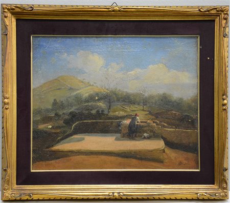 Ignoto "Paesaggio con figure" olio su tela (cm 30x40) firmato S. Tivoli in...