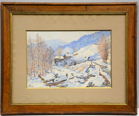 Enrico Peci (1885 - 1974)"Paesaggio montano innevato" acquerello su...