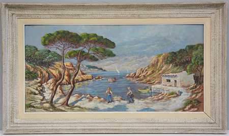 Eula "Insenatura con barche e pescatori" olio su masonite (cm 48x98) firmato...