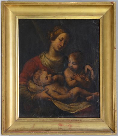 Scuola del secolo XVII "Madonna con Bambino e San Giovannino" olio su tela...