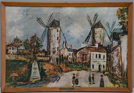 Riproduzione da un dipinto di Maurice Utrillo (cm 34x50) in cornice (difetti)