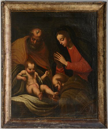 Scuola emiliana del secolo XVII "Sacra Famiglia con San Francesco" olio su...