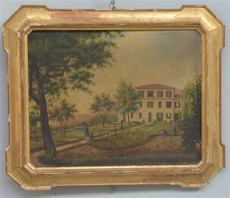 Scuola del sec. XIX "Passeggiata nel parco" olio su tela (cm 40x50) In...