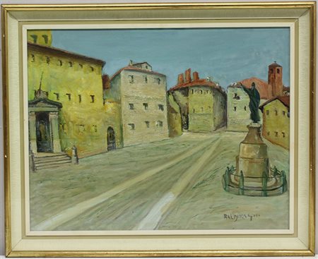 Firma indecifrata "Scorcio di piazza" olio su compensato (cm 50x65) firmato...