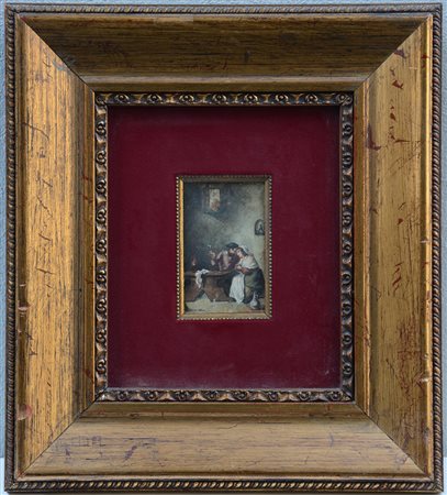 Firma indecifrata "Scena d'interno con figure" acquerello (cm 10x6) firmato...