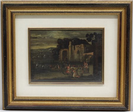 Ignoto sec. XVIII "Paesaggio con scena di contadini olio su tavola (cm 28x38)...