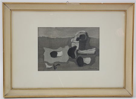 Epifanio Pozzato (Biella 1931)“Natura morta”, 1965, tecnica mista (cm 19x27),...