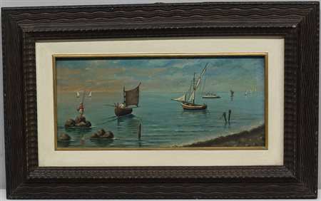 Giuseppe Rispoli "Marina con barche" olio su tavoletta (cm 14x31) firmato in...