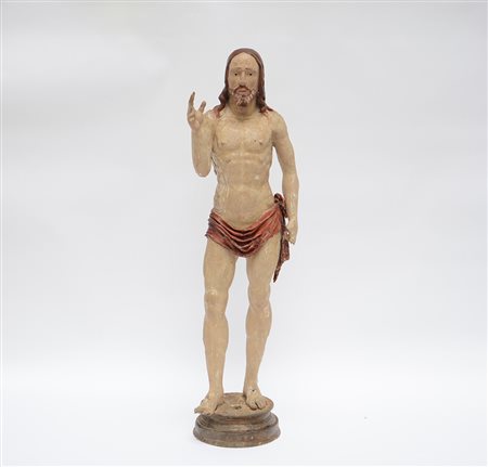 Arte del sec. XVII "Cristo benedicente" scultura in legno intagliato e...