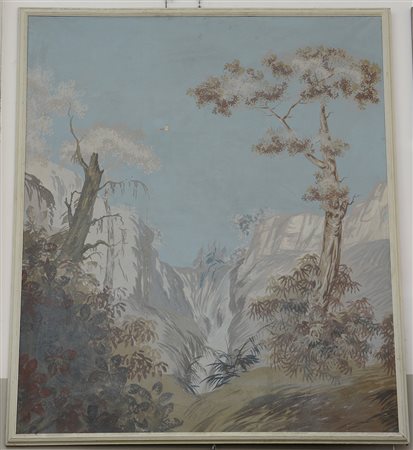 Ignoto, "Paesaggio" tempera su carta applicata su tela (cm 206x176) se. XIX,...