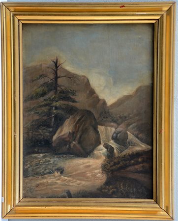 Firma indecifrata "Paesaggio montano con ruscello" olio su tela (cm 58x43)...