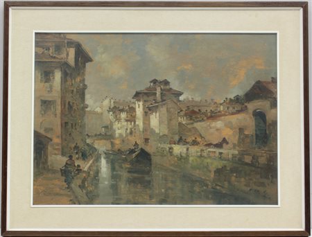 G. Riva "Milano scomparsa, via Conca del Naviglio Largo Cesare Correnti" olio...