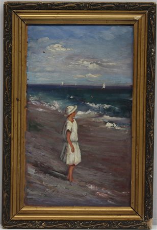 Ignoto anni '30/40 "Fanciulla al mare" olio su compesato (cm 34x21) in cornice