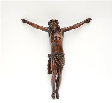 Scultura in legno scolpito raffigurante Cristo crocifisso (h cm 38) fine sec....