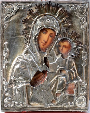 Icona con riza in argento sbalzato raffigurante la Madonna col Bambino (cm...