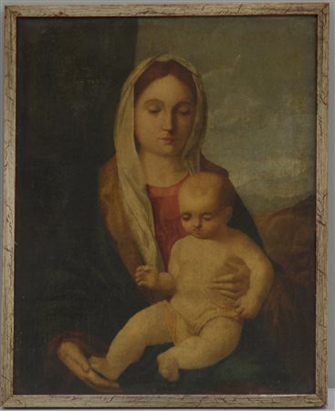 Ignoto "Madonna con Bambino" olio su tela (cm 46x36) In cornice (difetti)