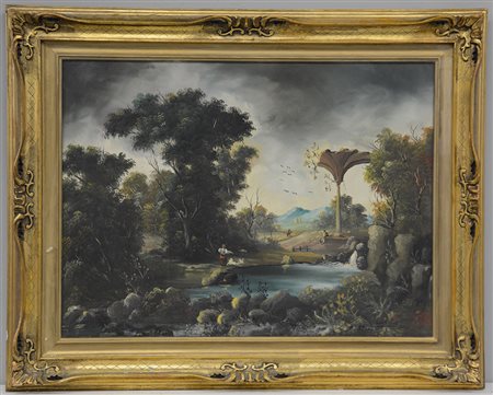 Di Domenico “Paesaggio fluviale”, olio su tela (cm 60x80) firmato in basso a...