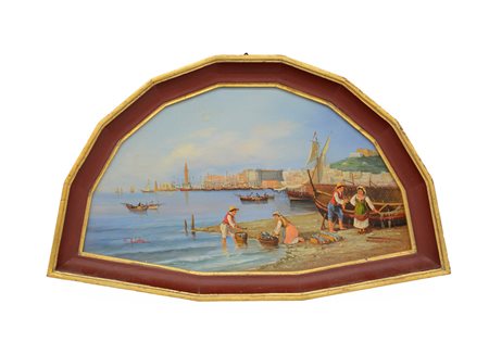 G. Auletta “Pescatori alla Marina”, olio su tavola sagomata (cm 40x23)...