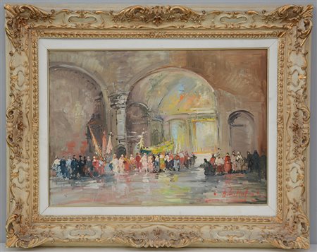 Firma indecifrata "Processione" olio su tela (cm 50x70) firmato in basso a...