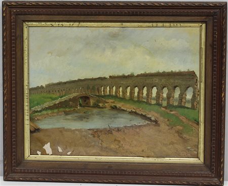 Ignoto "Paesaggio con rovine" olio su cartoncino (cm 27x36) in cornice...