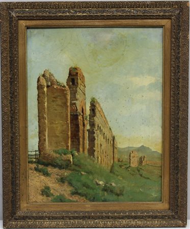 Ignoto "Paesaggio con rovine" olio su cartoncino (cm 35x27) in cornice