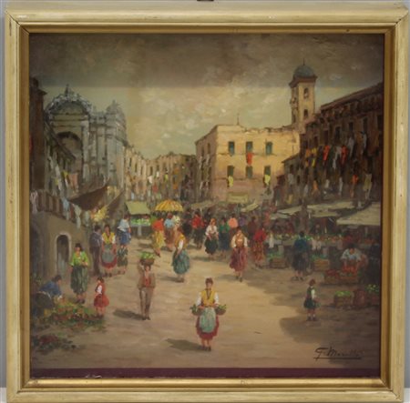 Morello G. "Scorcio di mercato" olio su cartone (cm 28,5x28) firmato in basso...