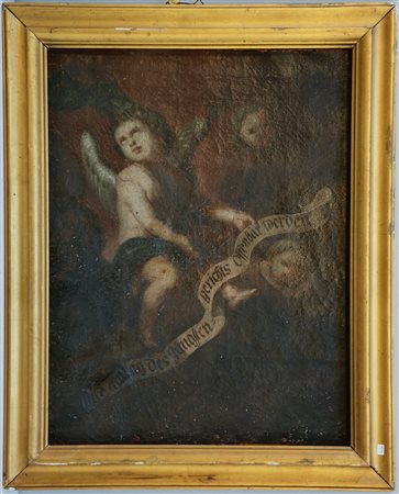 Scuola tedesca del secolo XVIII "Amorini con cartiglio" olio su tela (cm...