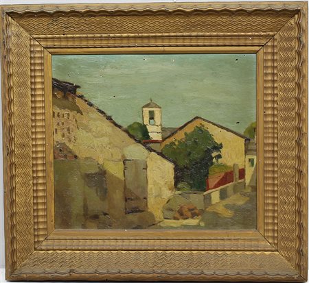 Ignoto "Scorcio di paese con campanile" olio su compensato (cm 30x34) in cornice