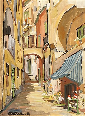 Antonio Asturi (Vico Equense 1904 - 1986), "Scorcio di Positano", tempera su...