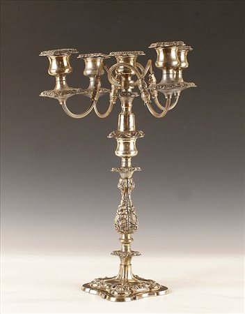 Candelabro in sheffield a cinque fiamme, vecchia manifattura, h. cm. 45.