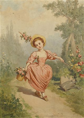 Theodore Jourdan (Francia 1833 - 1906), "Bambina con cesto di fiori", olio su...