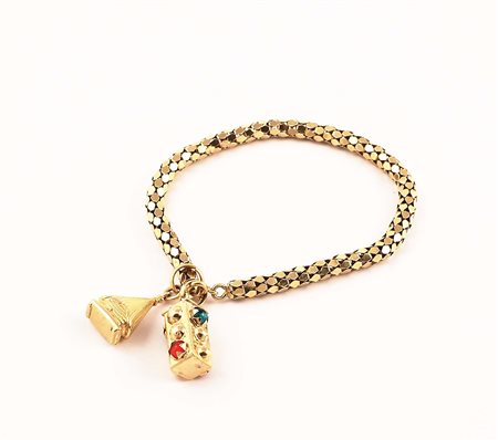 Bracciale charms in oro giallo 18kt a maglia tubolare con due ciondoli...