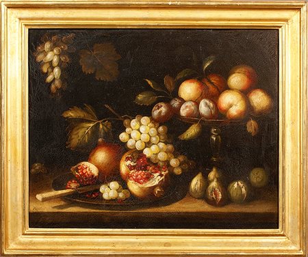 Calzolari (XX secolo), "Natura morta di frutta", olio su tela, cm. 40x50, con...