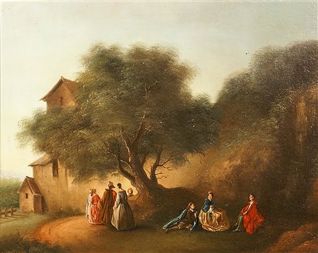 Anonimo del XX secolo, "Paesaggio con personaggi", olio su tela, cm. 41x51.