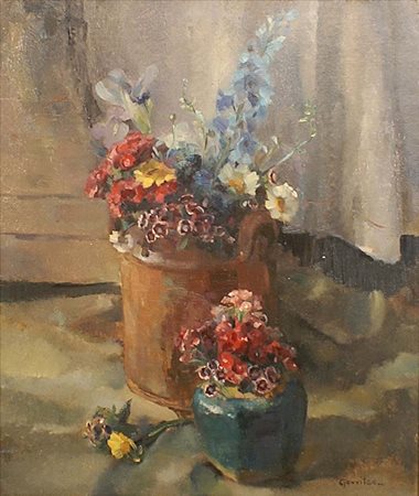 Firma indecifrabile, "Vasi di fiori", olio su tela, cm. 70x60, firmato in...