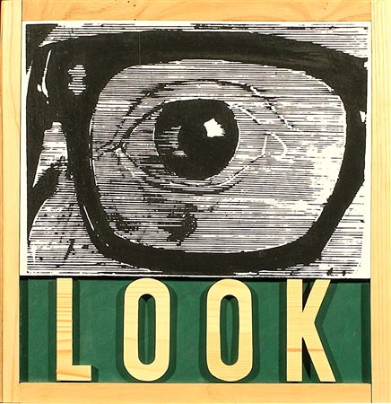 Joe Tilson (Londra 1928), "Look", scultura in legno dipinto, cm.38x37.5, es....