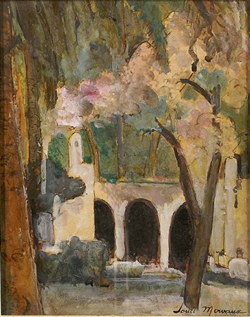 Louis Mervansc (XX secolo), "Cortile", tempera su cartoncino, cm. 27x22,...