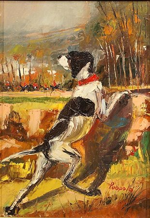 Puopolo (XX Secolo), "Cane", olio su tela, cm. 25x35, firmato in basso a destra.