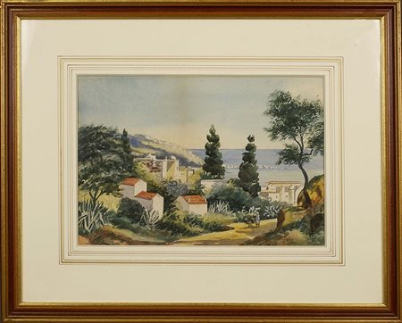 Anonimo del XX secolo, "Paesaggio orientale", acquarello, cm. 25x35.