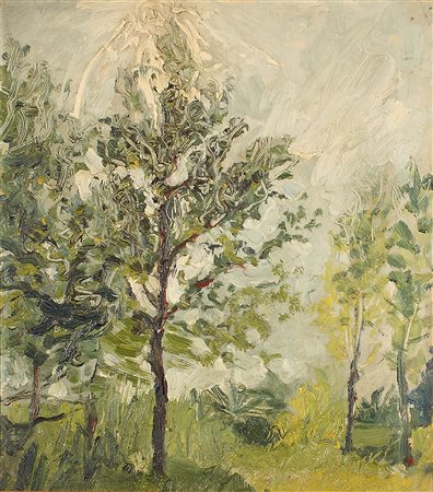 Scuola italiana del XX secolo, "Paesaggio con alberi", olio su tela, cm. 55x48.