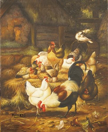 Haines (XX secolo), "Galline", olio su tela, cm.50x40, firmato in basso a...