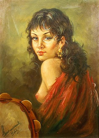 Lucio Vecchiarelli(XX secolo), "Gitana", olio su tela, cm. 70x50, firmato in...