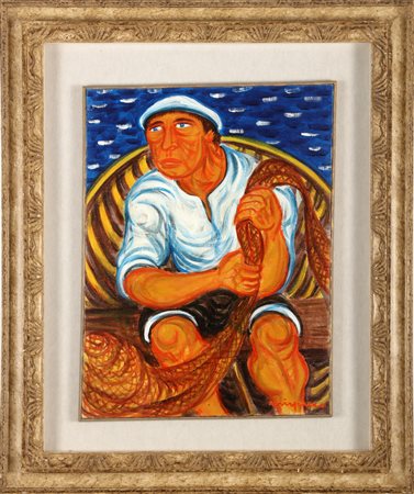 MIGNECO GIUSEPPE (1908 - 1997) Pescatore. 1982. Olio su tela . Cm 45,00 x...