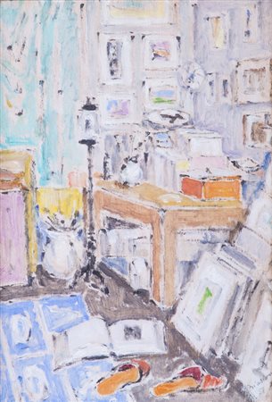 RENZO BIASION (1914-1996)Interno, 1951Olio su tavolacm 21,5x15Firma e...