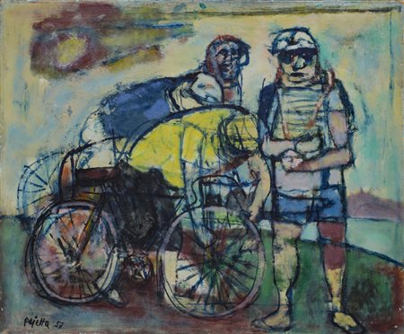 GUIDO PAOLO PAJETTA (1898-1987)Ciclisti, 1957Olio su telacm 60x73Firma e...