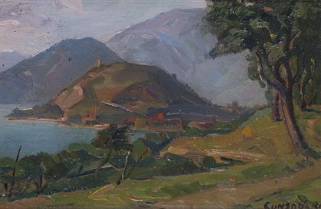 SILVIO CONSADORI (1909-1994)Lago d'Iseo visto da Montisola, 1942Olio su...