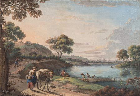 Elisazabeth M. Gore (1754 - 1802) "Paesaggio con pastori" tempera su carta...