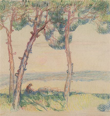 Adolfo Tommasi (Livorno 1851 - Firenze 1933)"Paesaggio con figura" pastelli...