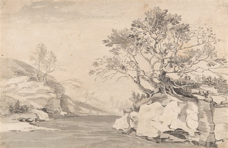 Artista del secolo XVIII "Paesaggio con alberi e corso d'acqua" penna e...