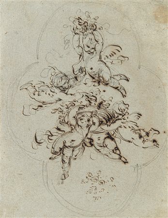 Antonio Consetti (Modena 1686 - 1766)"Putti con fiori" matita nera, penna e...